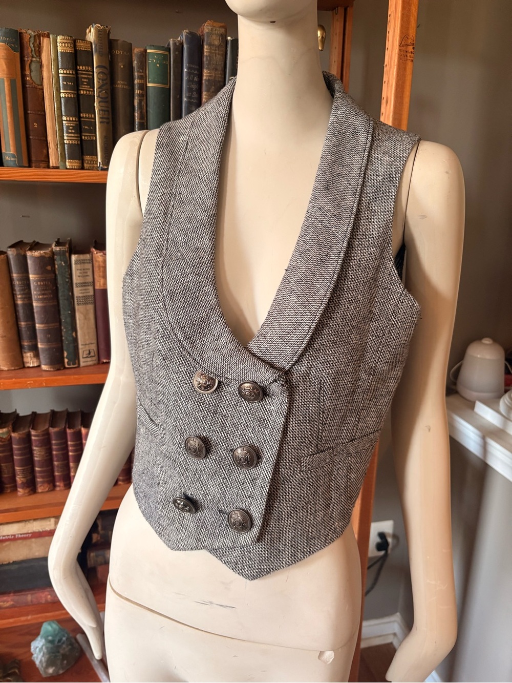 Forever 21 Gray Herringbone Double-Breasted Shawl Collar Vest